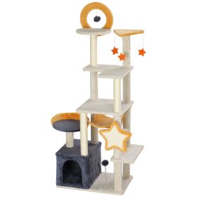 PawHut 63 Inch Moon and Star Themed Cat Tree with Scratching Post, Hammock, Condo, Bed & Scratching Board, Cat Toys, Beige