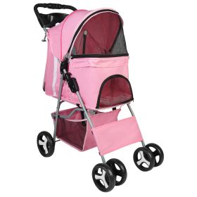 4 Wheels Pet Stroller Foldable Carrier Strolling Cart Travel Jogger Pet Stroller with Removable Liner Storage Basket for Dog Cat (Dog health: Pink)